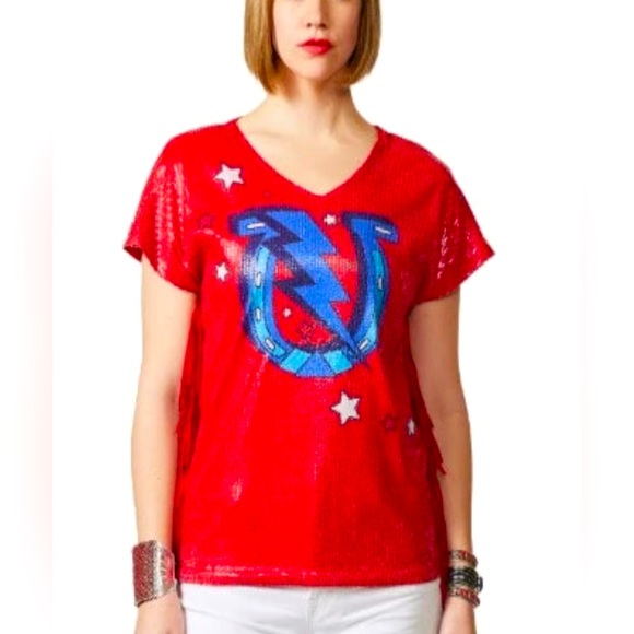 Double D Ranch Red Sequin Top with Blue and White Accents - Picture 6 of 7